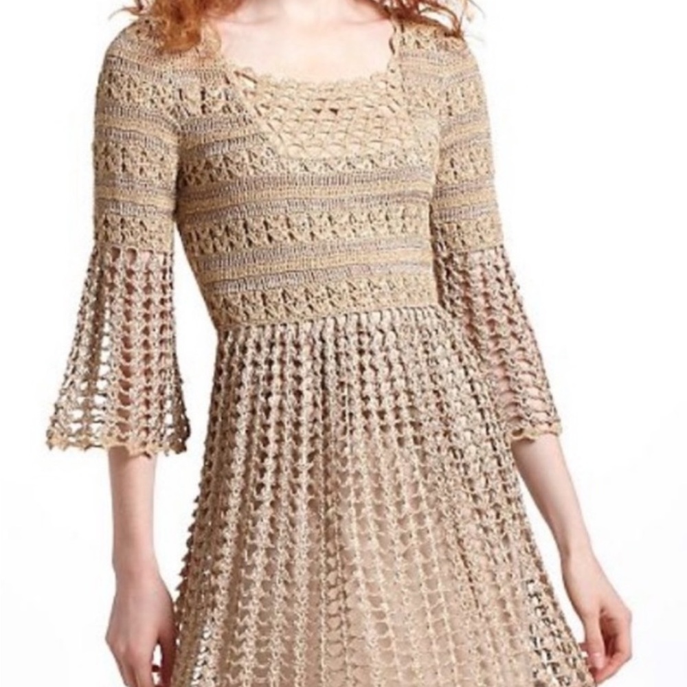 GOLD Anthropologie sparke A-Line Dress with 3/4 Bell Sleeves